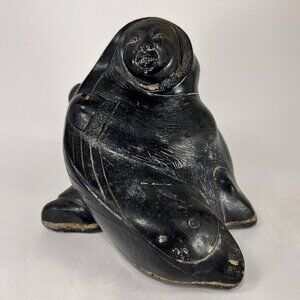 Vtg Aardvark Aardik Collection Eskimo Fisherman Carved Black Stone Canada 70s